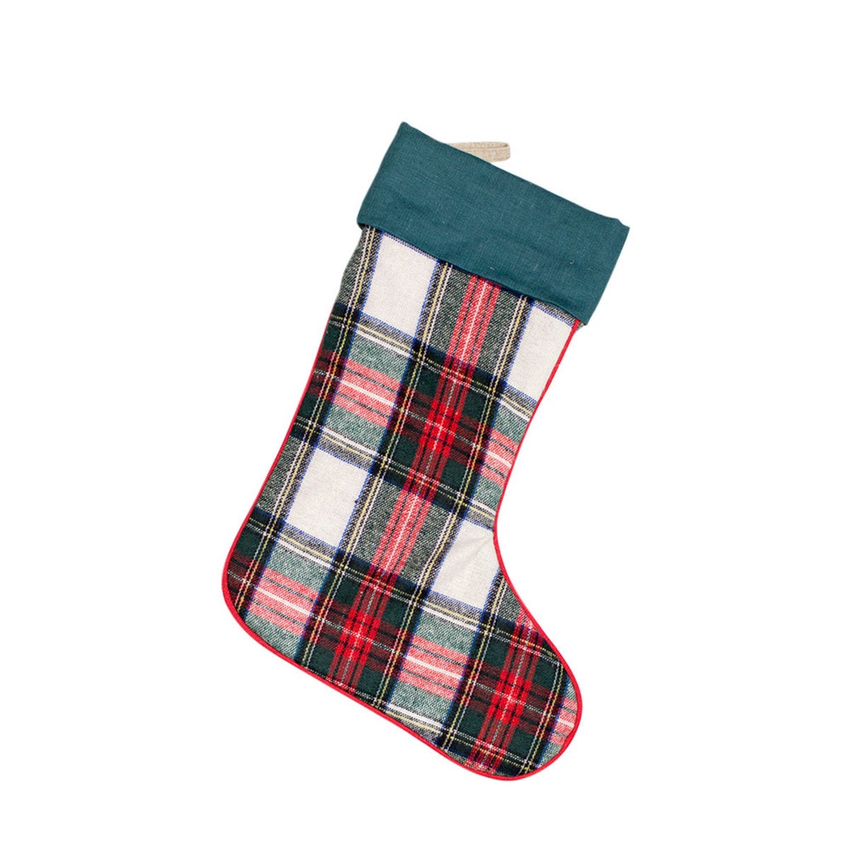 Multi Plaid Stocking with Linen Cuff