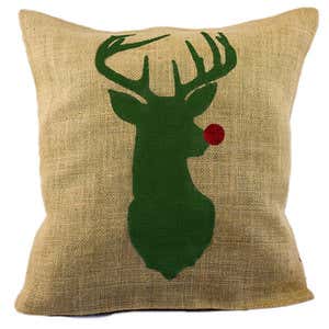 Red Nosed Reindeer Burlap Decorative Pillow Cover - Green