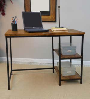Industrial-Style Mango Wood and Metal Desk with Shelves