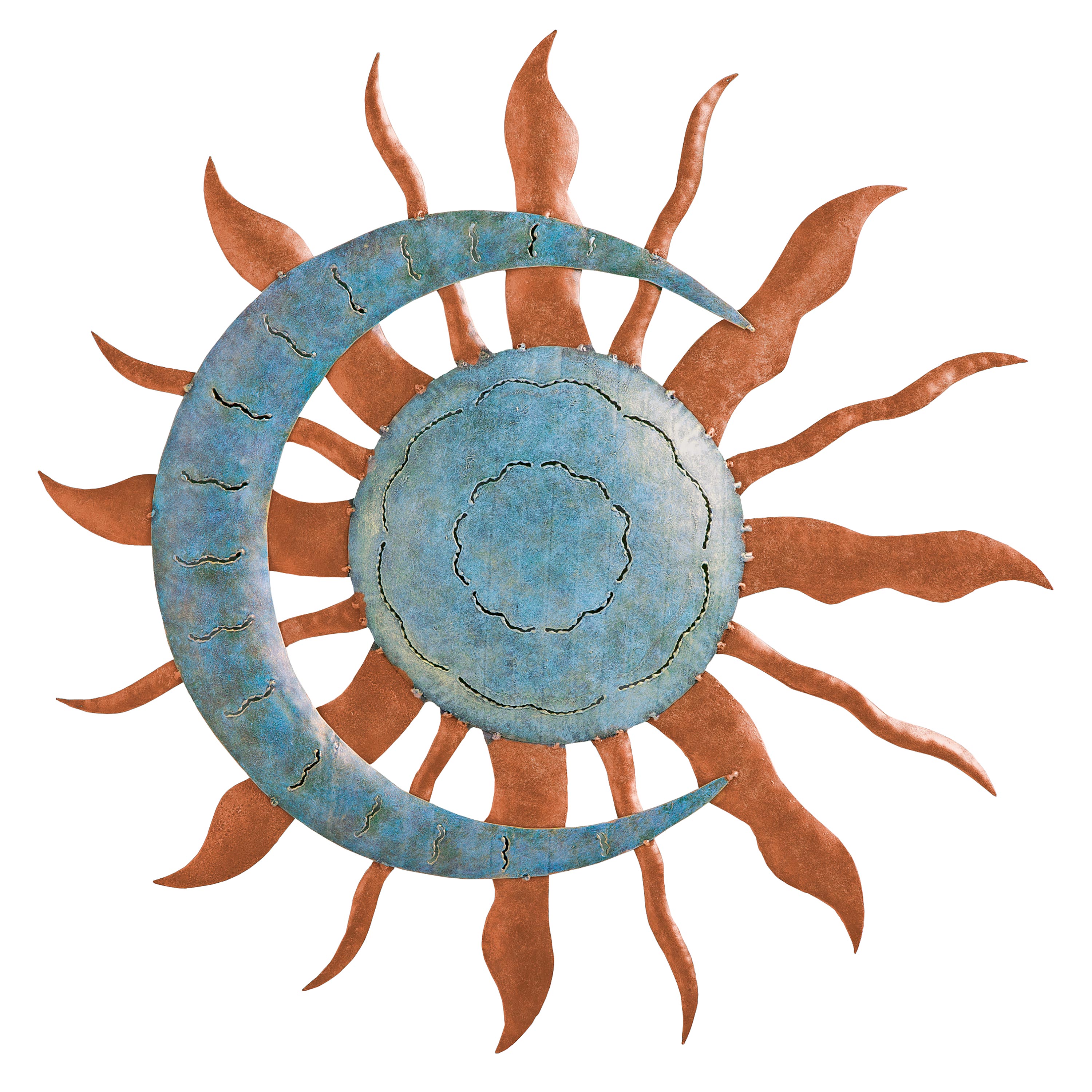 Handcrafted Blue and Copper-Colored Recycled Metal Moon and Sun Wall Art