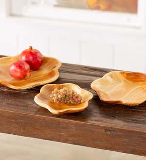 Hand-Carved Wooden Flower Shaped Serving Trays, Set of 3