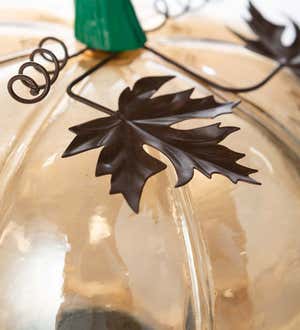 Glass Pumpkin with Metal Maple Leaves
