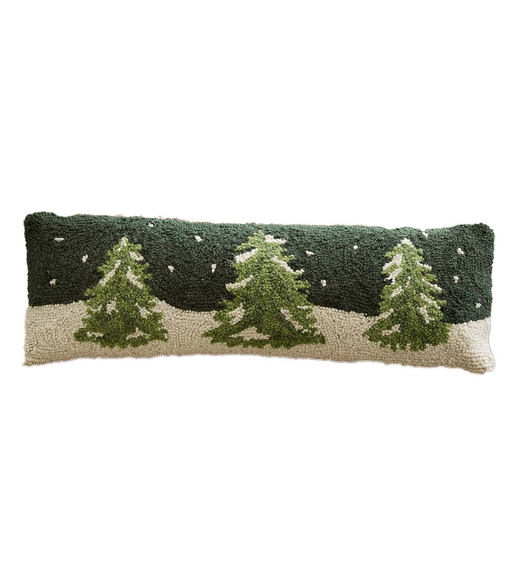 Snowy Trees Winter Scene Hooked Wool Lumbar Pillow