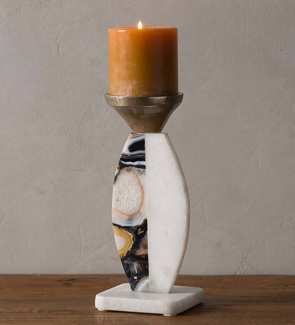 Black Agate and Marble Split Pillar Candlestick, 9.5"H
