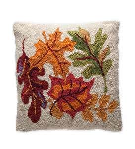 Hand-Hooked Wool Fall Simple Leaves Pillow 16"