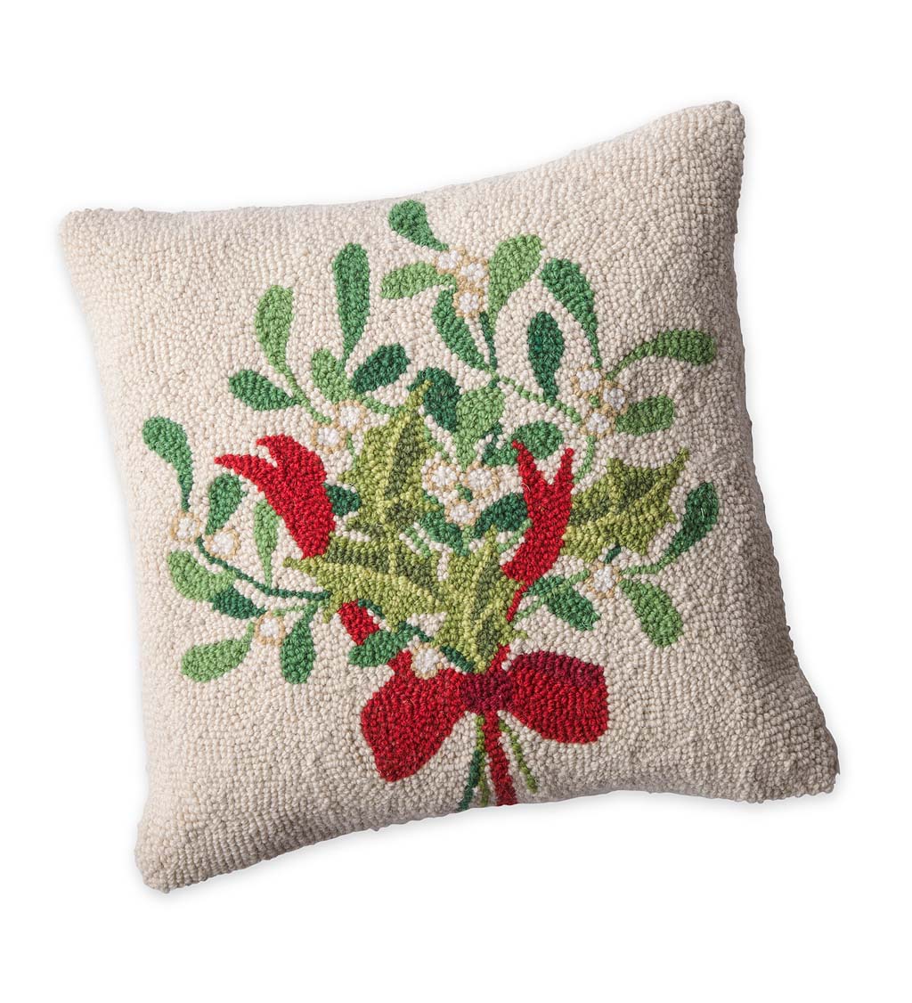 Hand-Hooked Wool Mistletoe Pillow