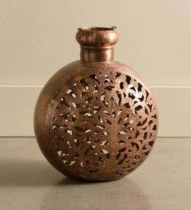 Small Handcrafted Tree of Life Metal Candle Lantern - Brass