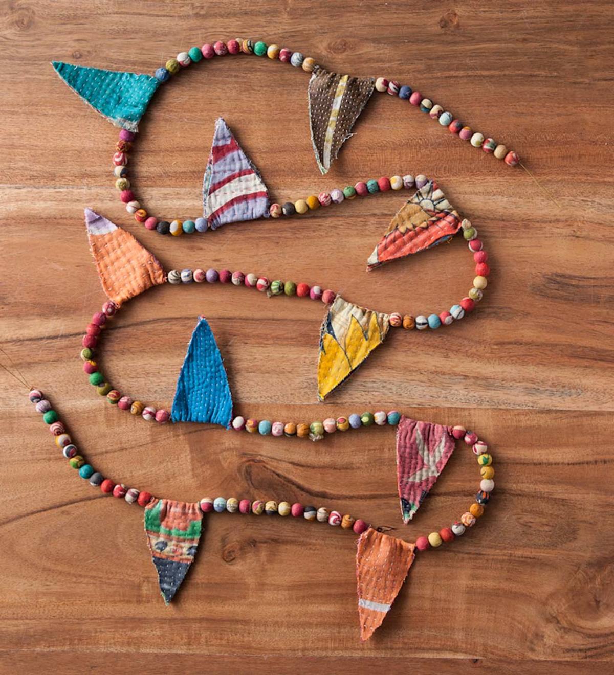 Small Round Sari Bead Garland with Flags - 72"L