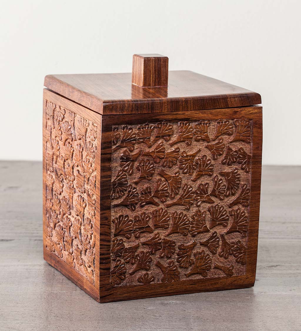 Rosewood Carved Ginkgo Canister, 7"