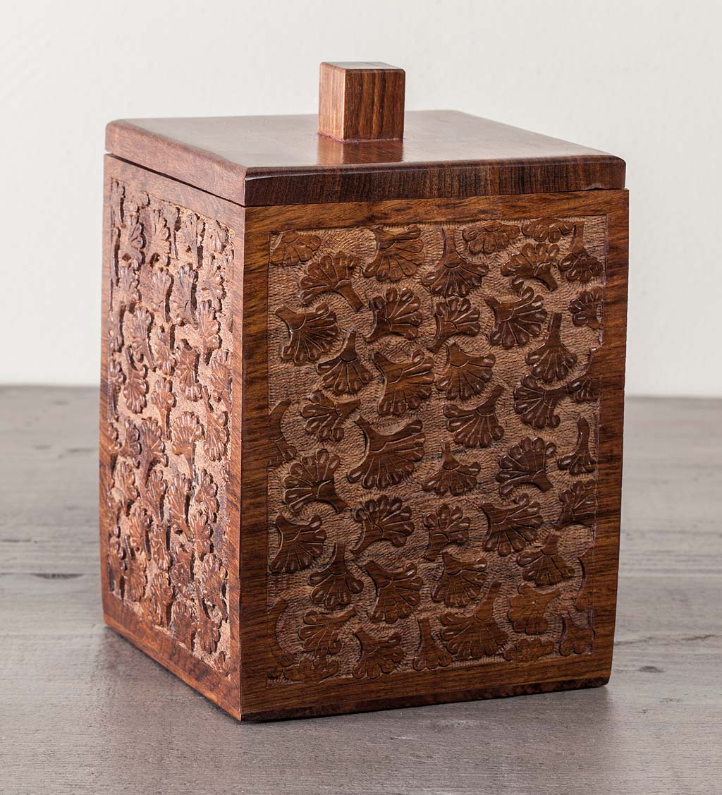 Rosewood Carved Ginkgo Canister, 8"