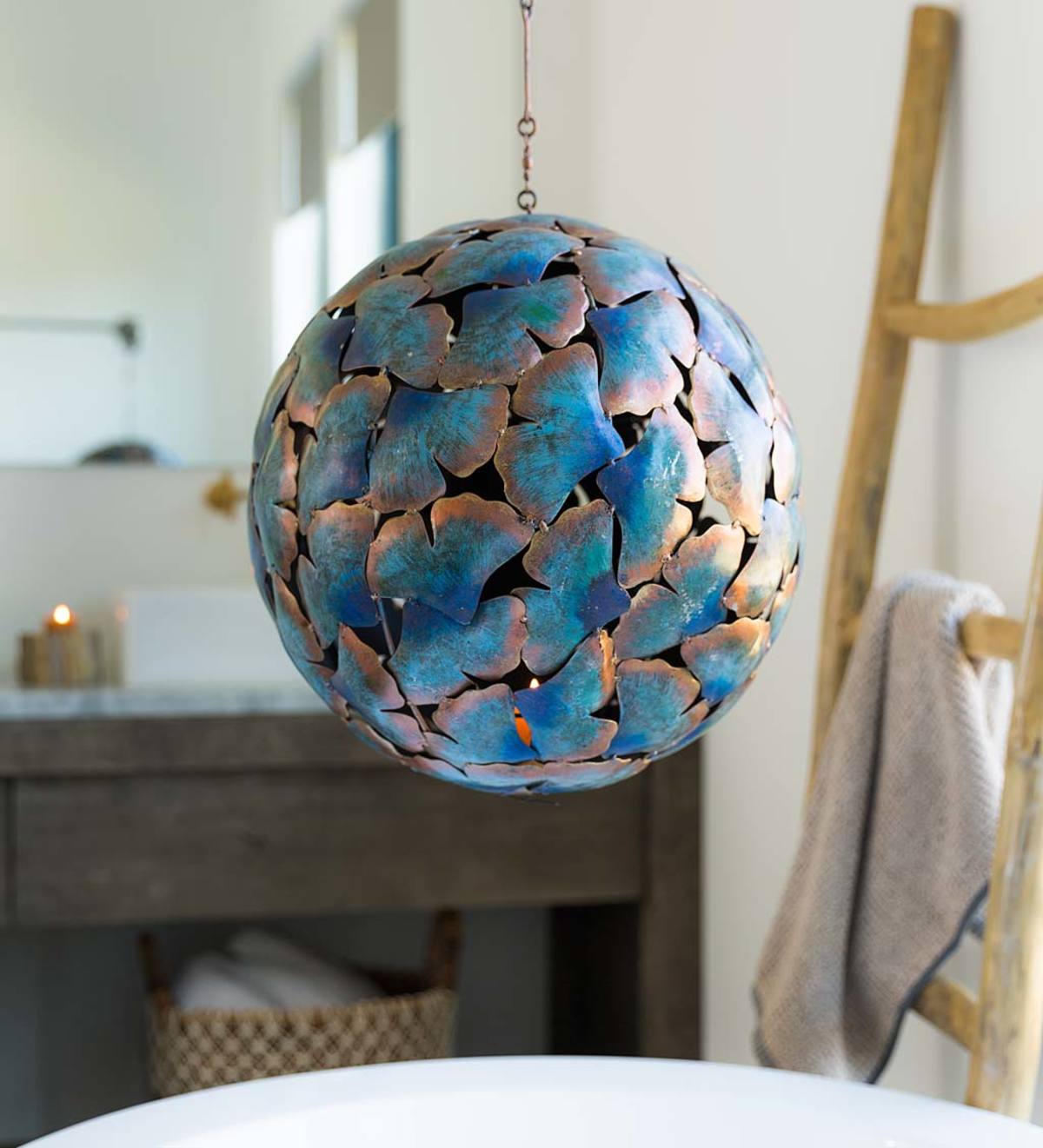 Recycled Metal Ginkgo Leaf Hanging Globe Lantern