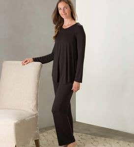 Eco Weave Long Sleeve Top and Ankle Pant Pajama Set - Black - Medium