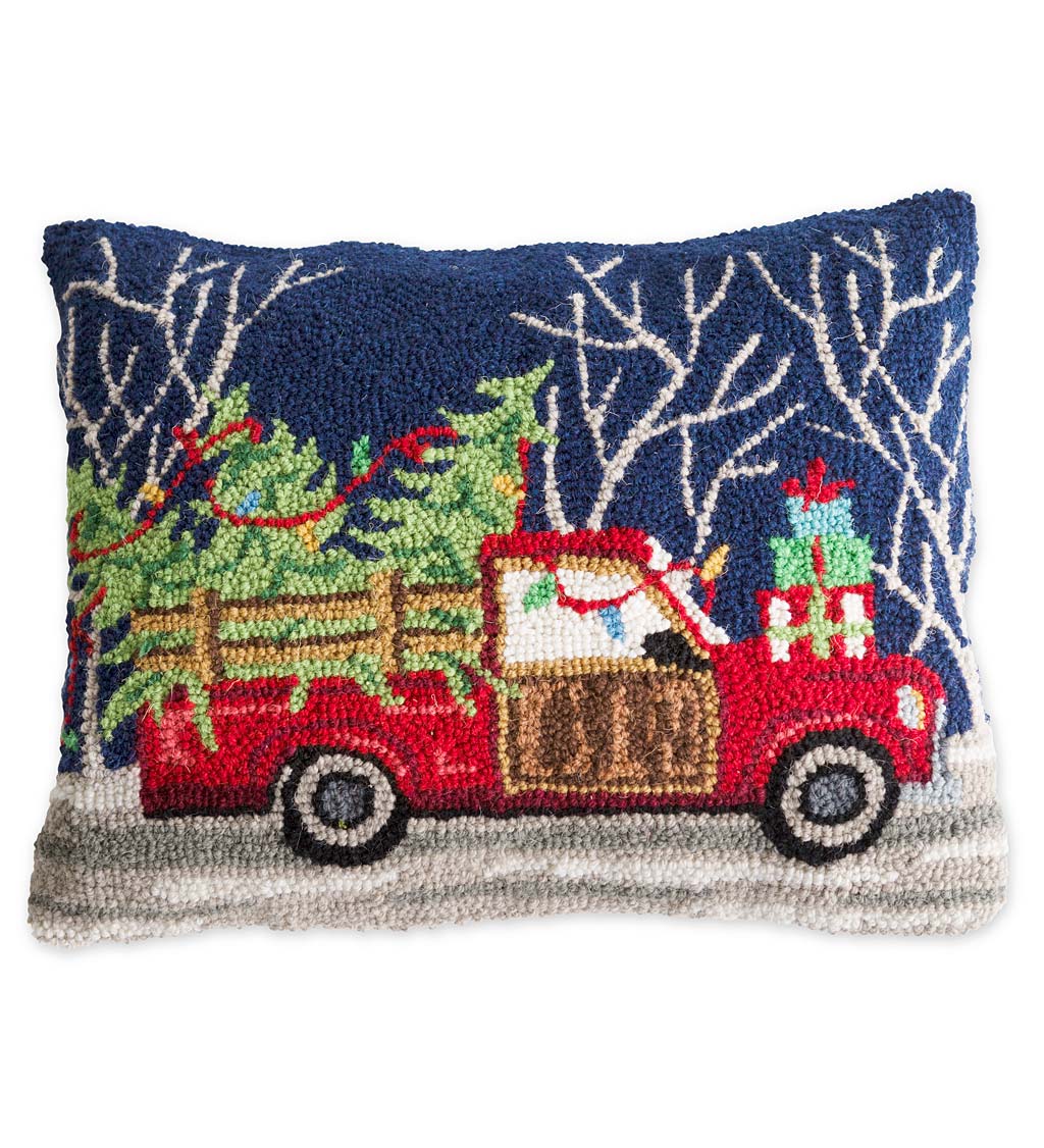 Hand-Hooked Truck with Tree Holiday Pillow