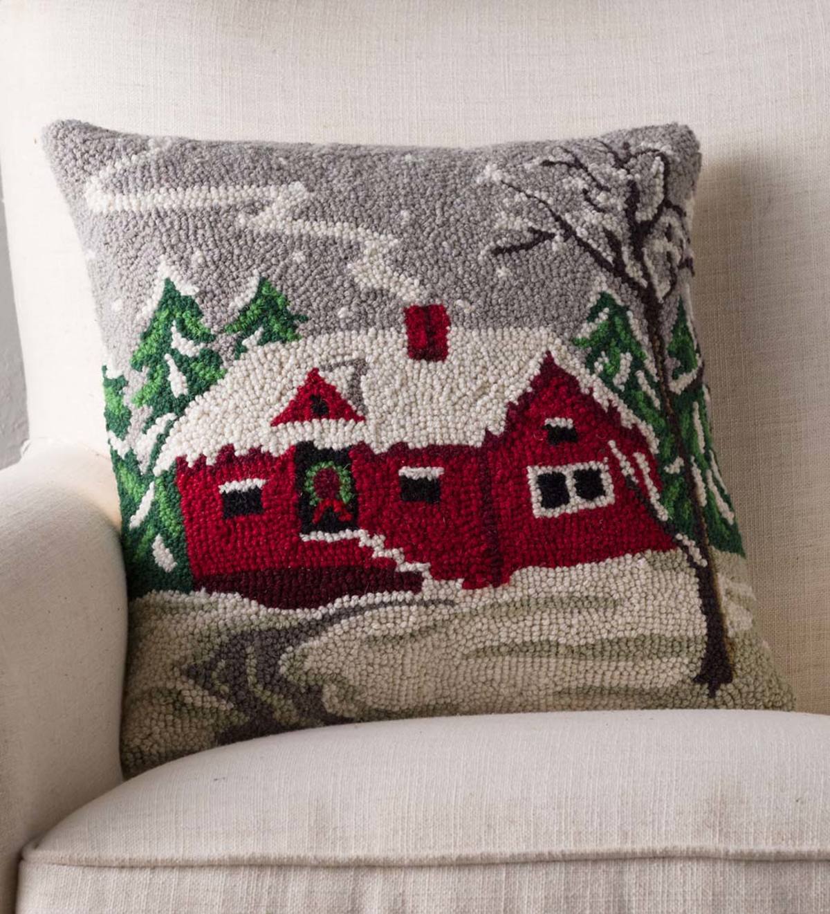 Hand-Hooked Snowy Winter Cabin Pillow