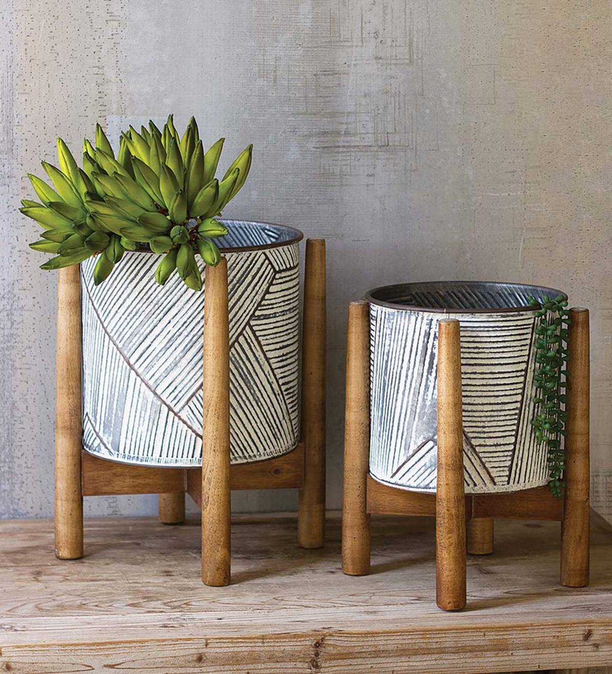 Set of 2 Etched Metal Planters on Stands