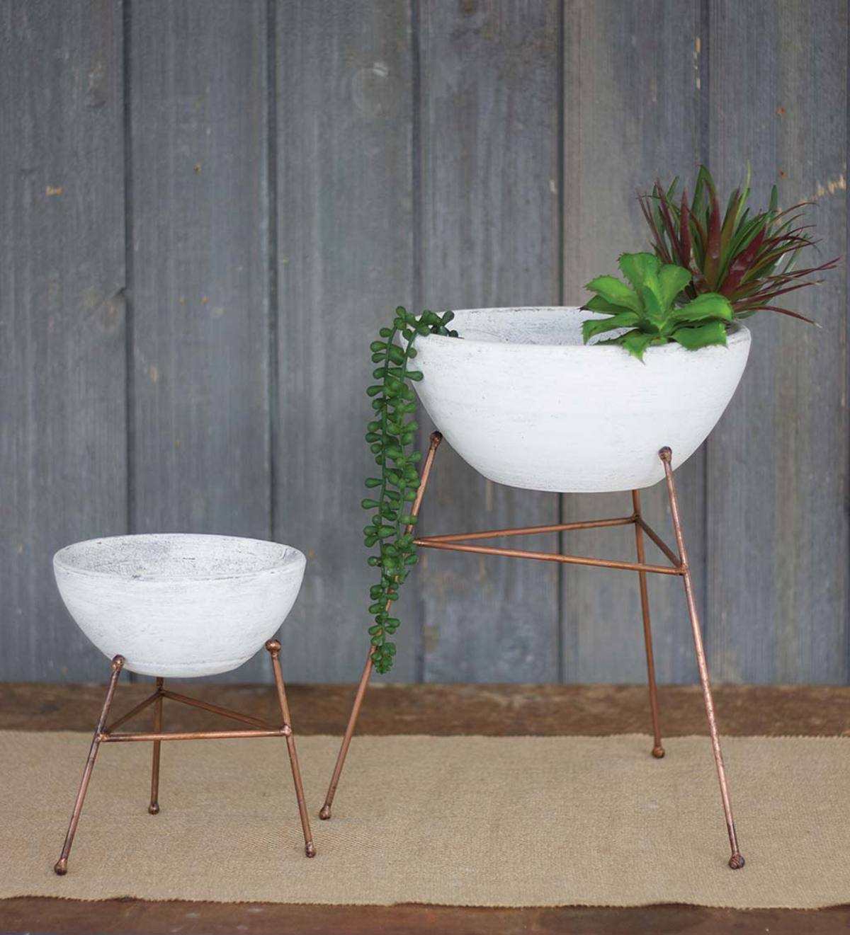 Whitewash Clay Bowl/ Planters on Copper Stand, Set of Two
