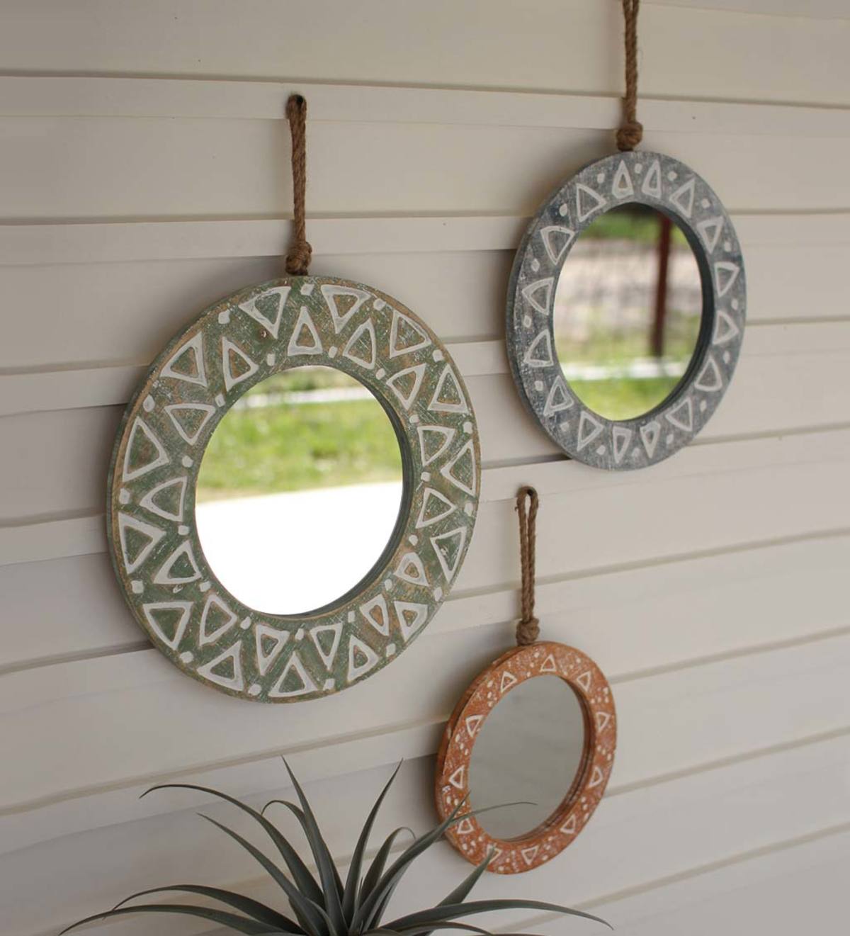 Round Wooden Mirrors With Rope Hangers, Set of 3