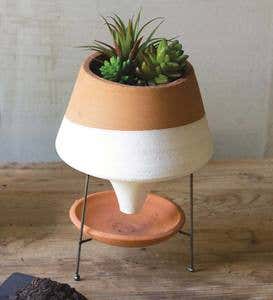 Natural and White Terracotta Funnel Planter with Wire Base- Large