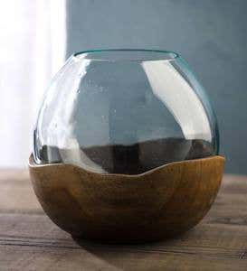 Blown Glass Vase with Teak Base- Large