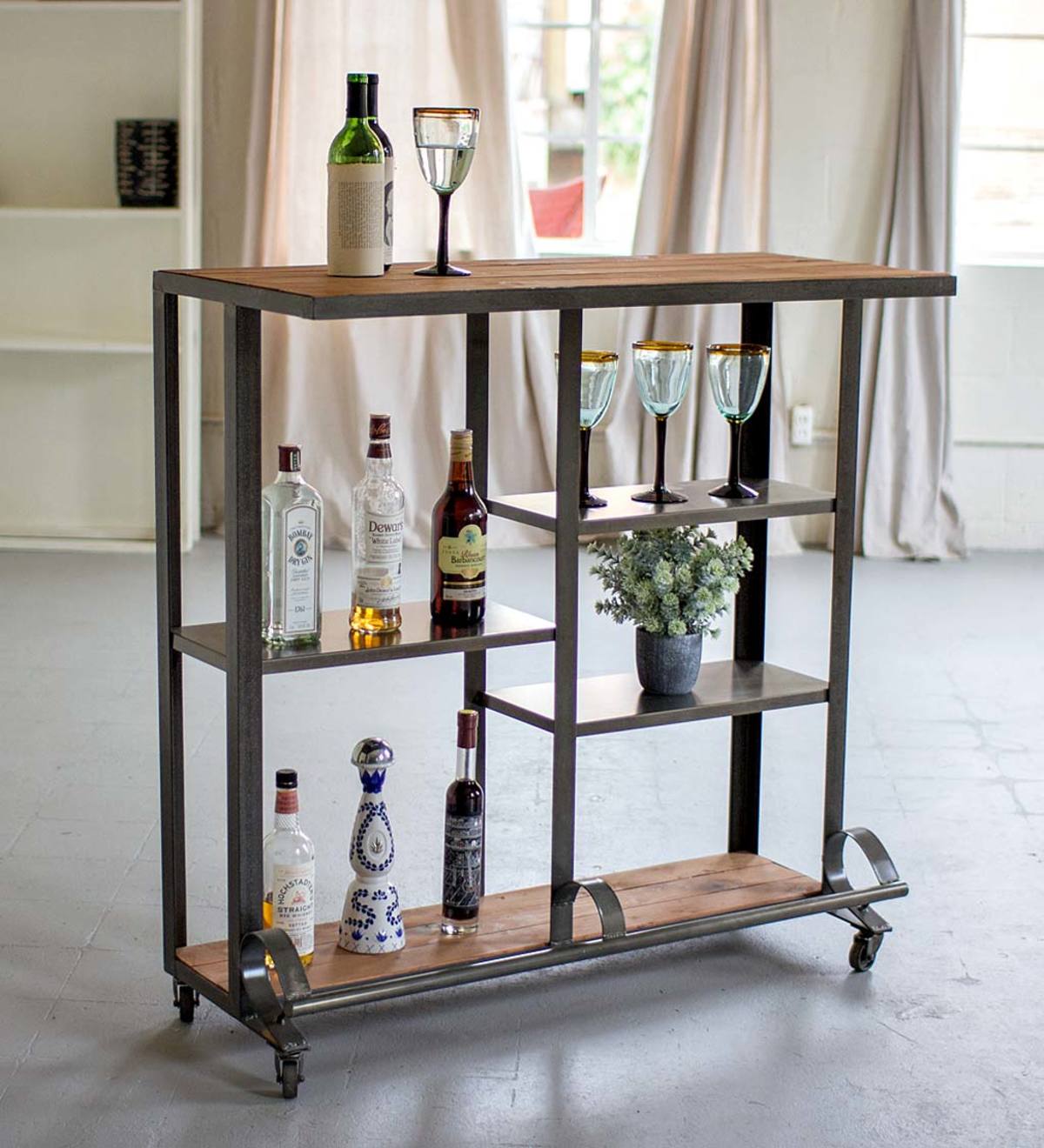Raw Metal and Wood Rolling Bar Cart