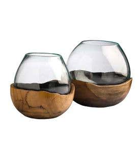 Blown Glass Vase with Teak Base, Set of 2