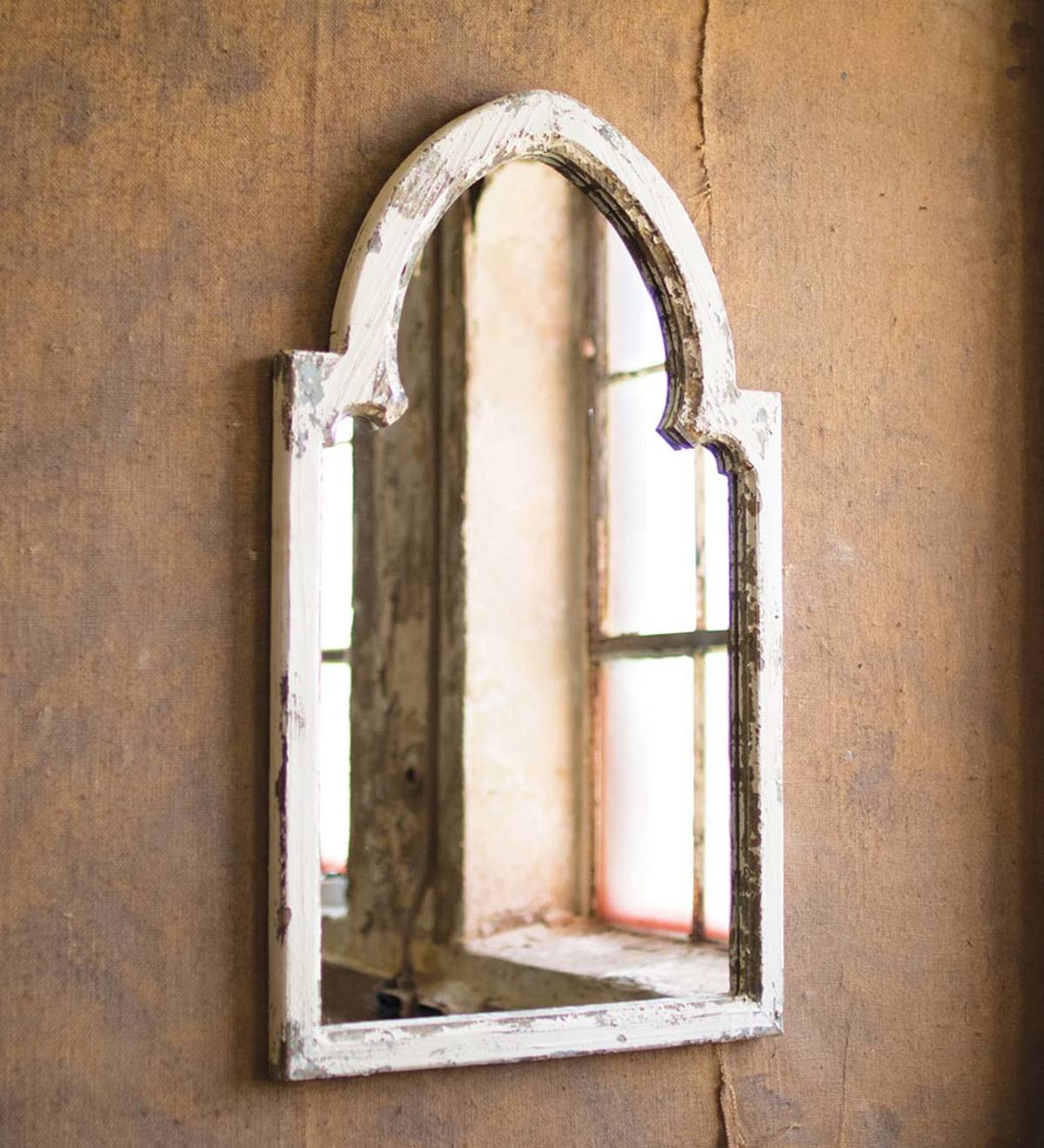 Rustic White Wood Arched Framed Mirror with Gold Accent