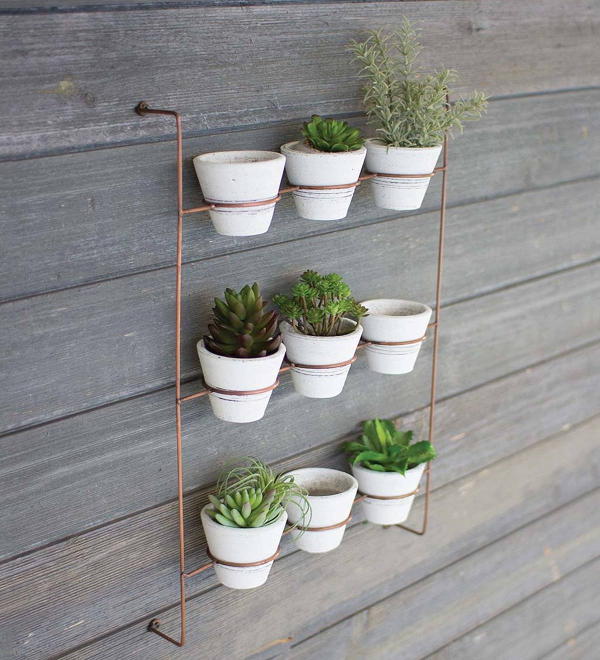 White Wash Clay Pots On Copper Finish Wall Rack Set of 9