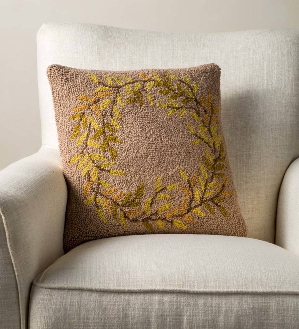Wool Hand Hooked Wreath Pillow, 16"Sq.