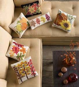 Hand-Hooked Wool Fall Simple Leaves Pillow 16"