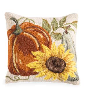 Pumpkin and Sunflower Hand-Hooked Pillow, 16"Sq