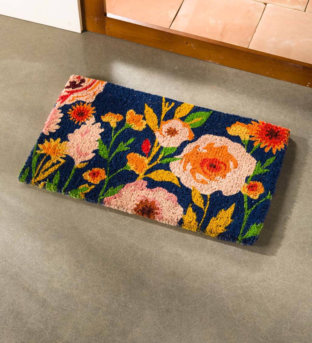 Terra Cotta Flower Mosaic Door Mat, Colorful Welcome Mat