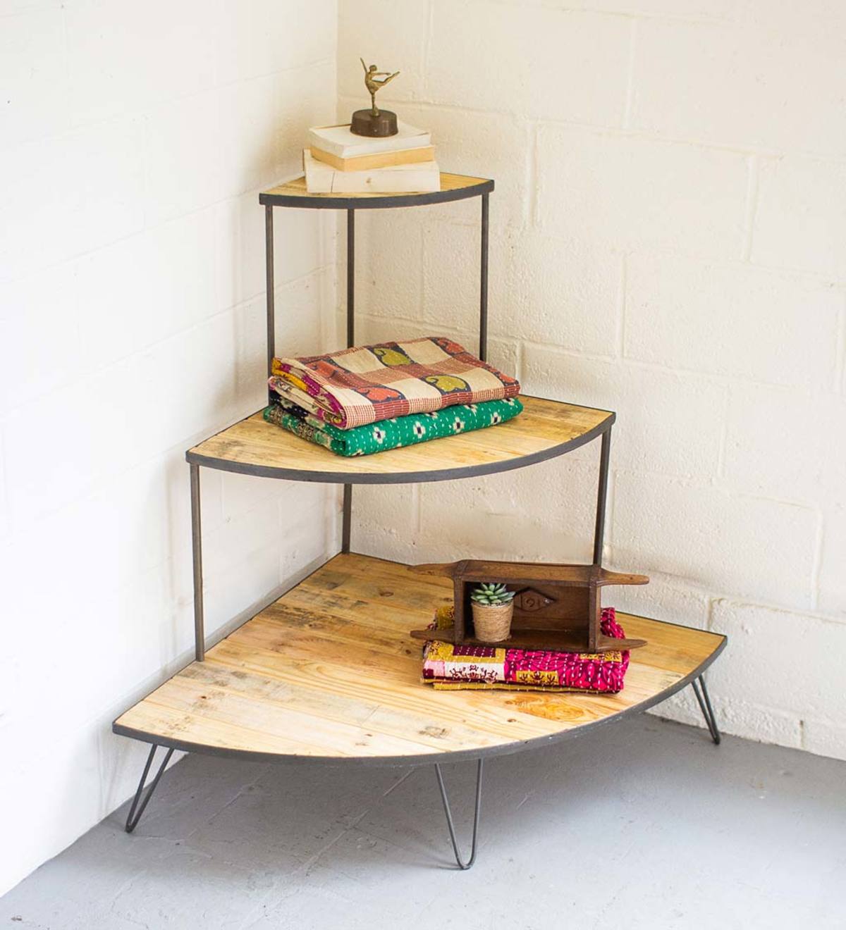 Recycled Wood and Iron Three-Tiered Corner Display Shelf