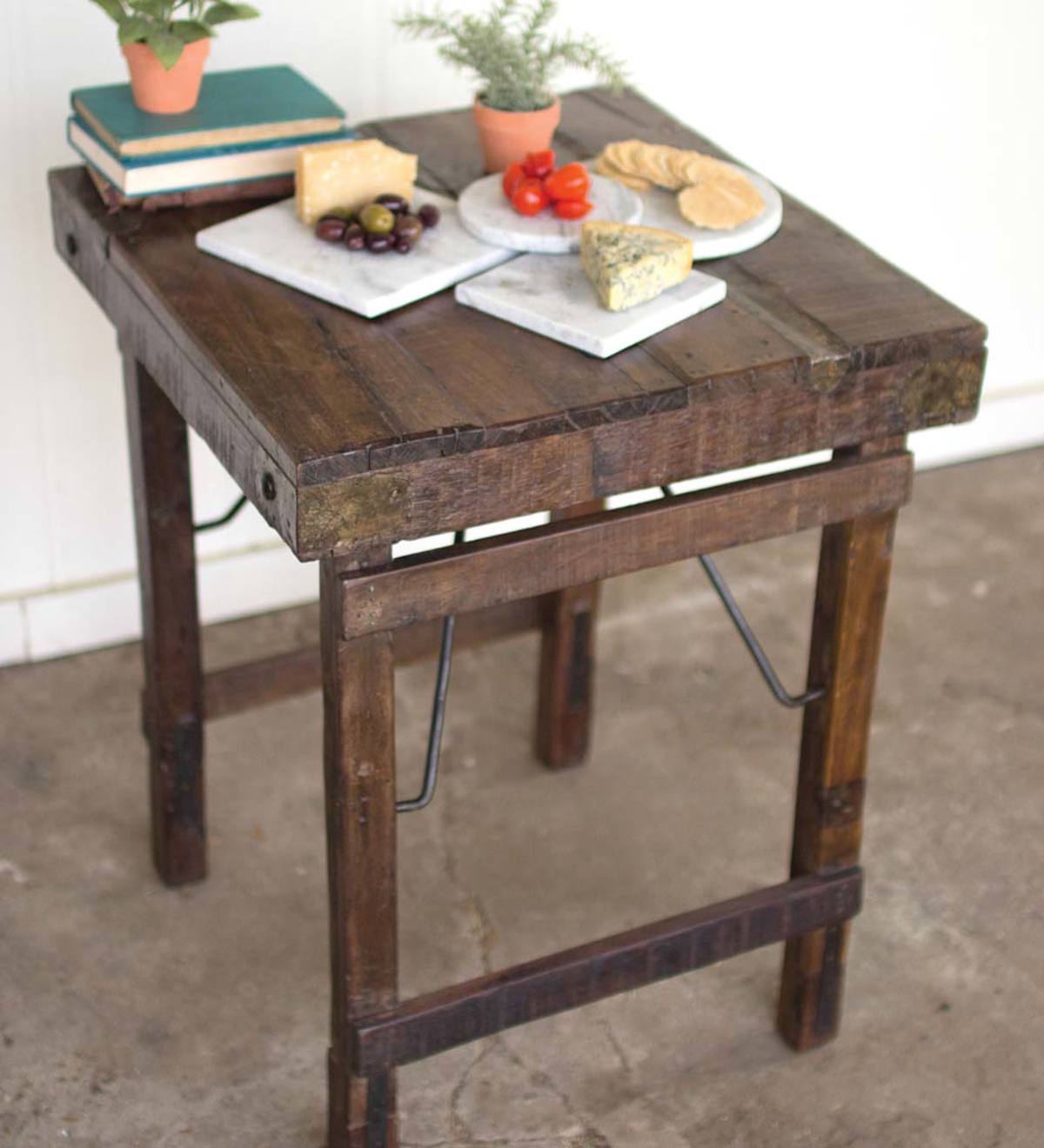 Reclaimed Antique Wooden Side Table with Folding Legs