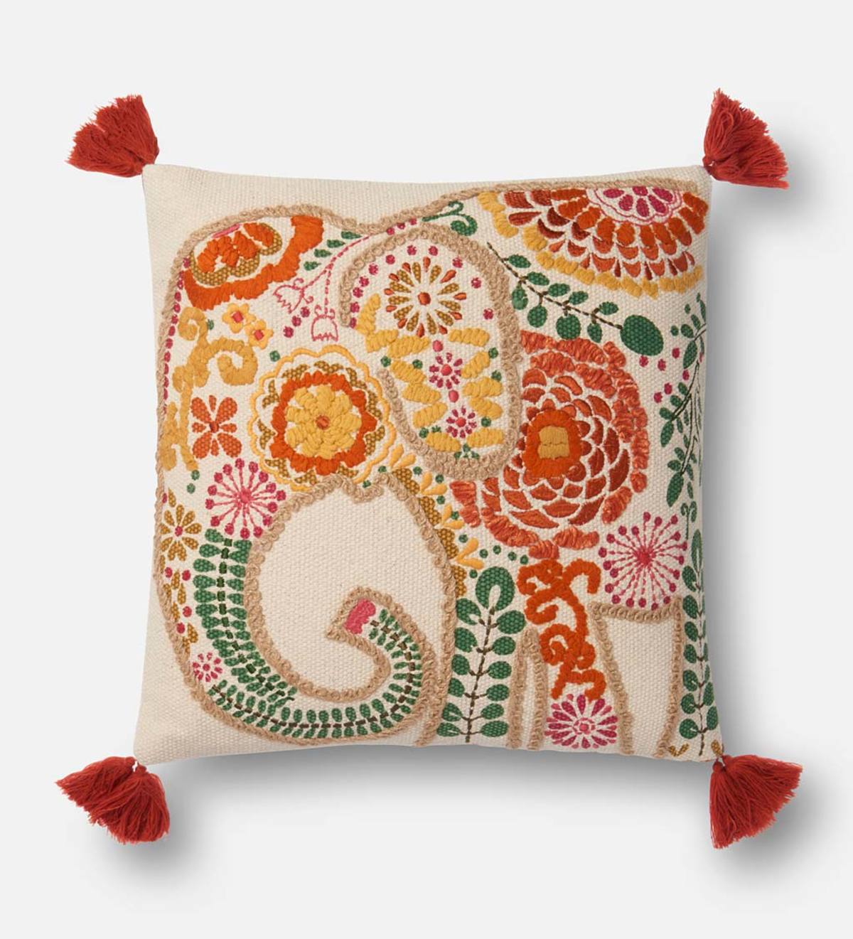 Floral Elephant Throw Pillow with Tassels
