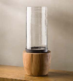 Recycled Wood Base with Glass Hurricane, Large
