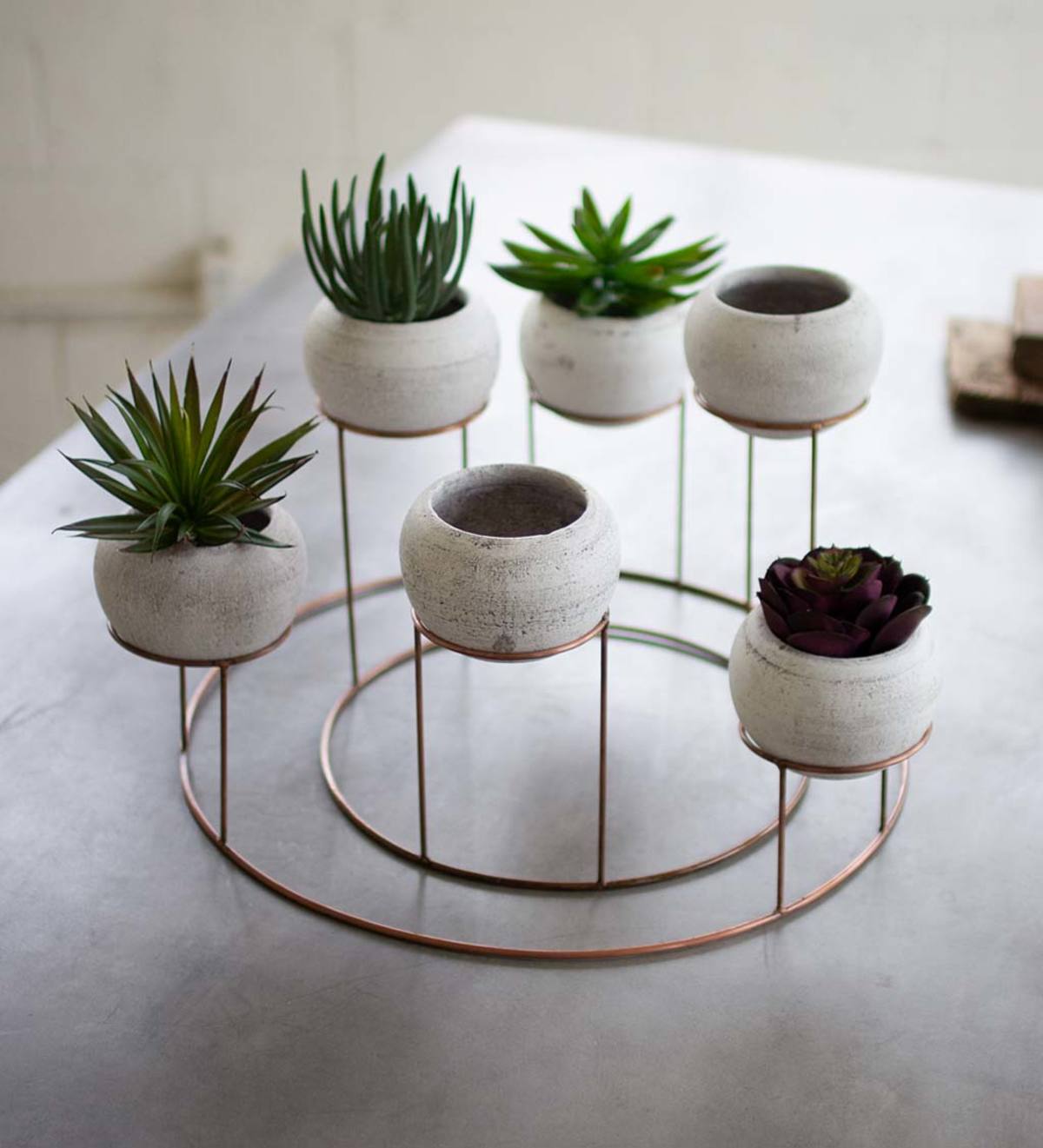 White Clay Planters with Copper Wire Centerpiece