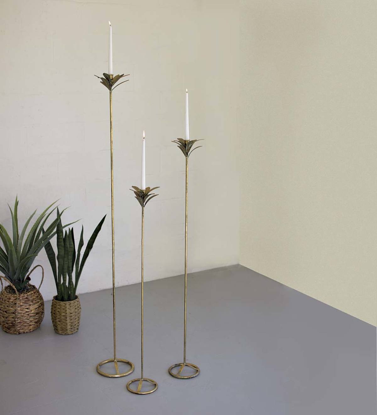 Tall Antique Brass Palm Taper Candle Towers, Set of 3