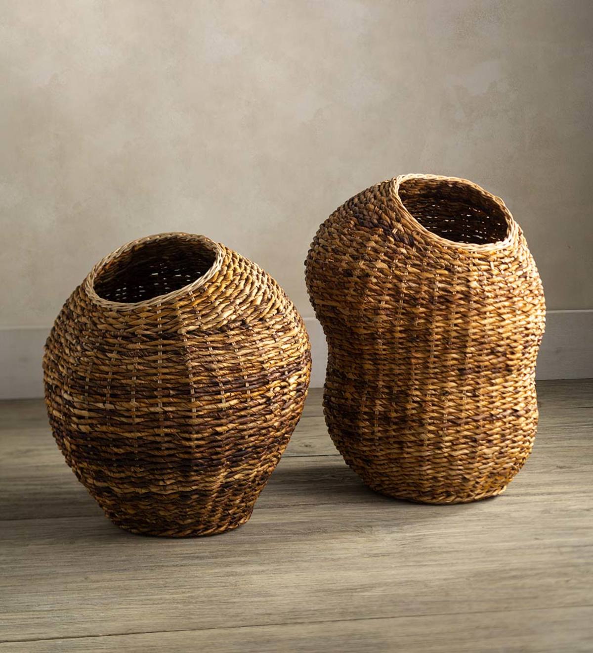Organic Shaped Hand-woven Banana Bark and Rattan Baskets, Set of 2