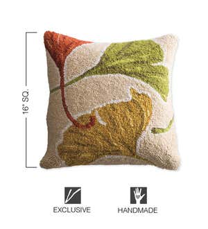 Colorful Ginkgos Hand-Hooked Wool Decorative Throw Pillow, 16"Square