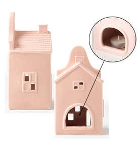 Pink Stoneware Tealight Holder House, Set of 4