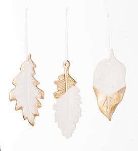 Gold Dipped White Porcelain Leaf Ornaments, Set of 3