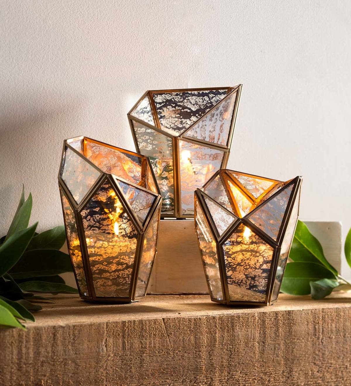 Faceted Mercury Glass Geometric Candle Holders, Set of 3