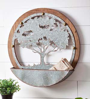 Round Tree of Life Wood and Metal Wall Planter