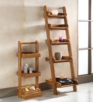 5-Tiered Open Wall Mount Teak Wood Ladder Bookshelf