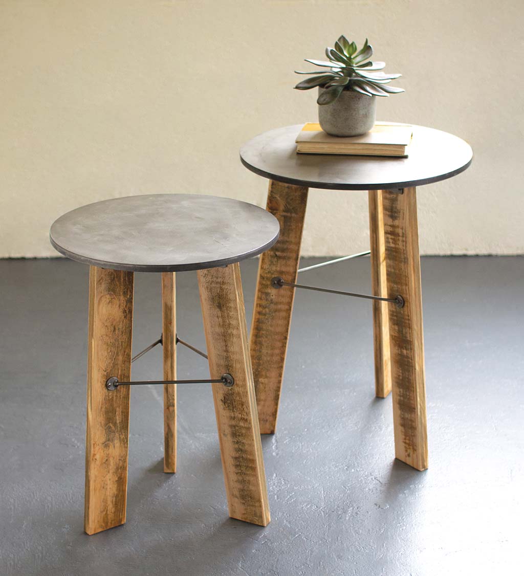 Metal Top and Reclaimed Wood Accent Tables, Set of 2