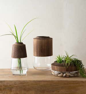 Modern Wood Topped Large Glass Vase