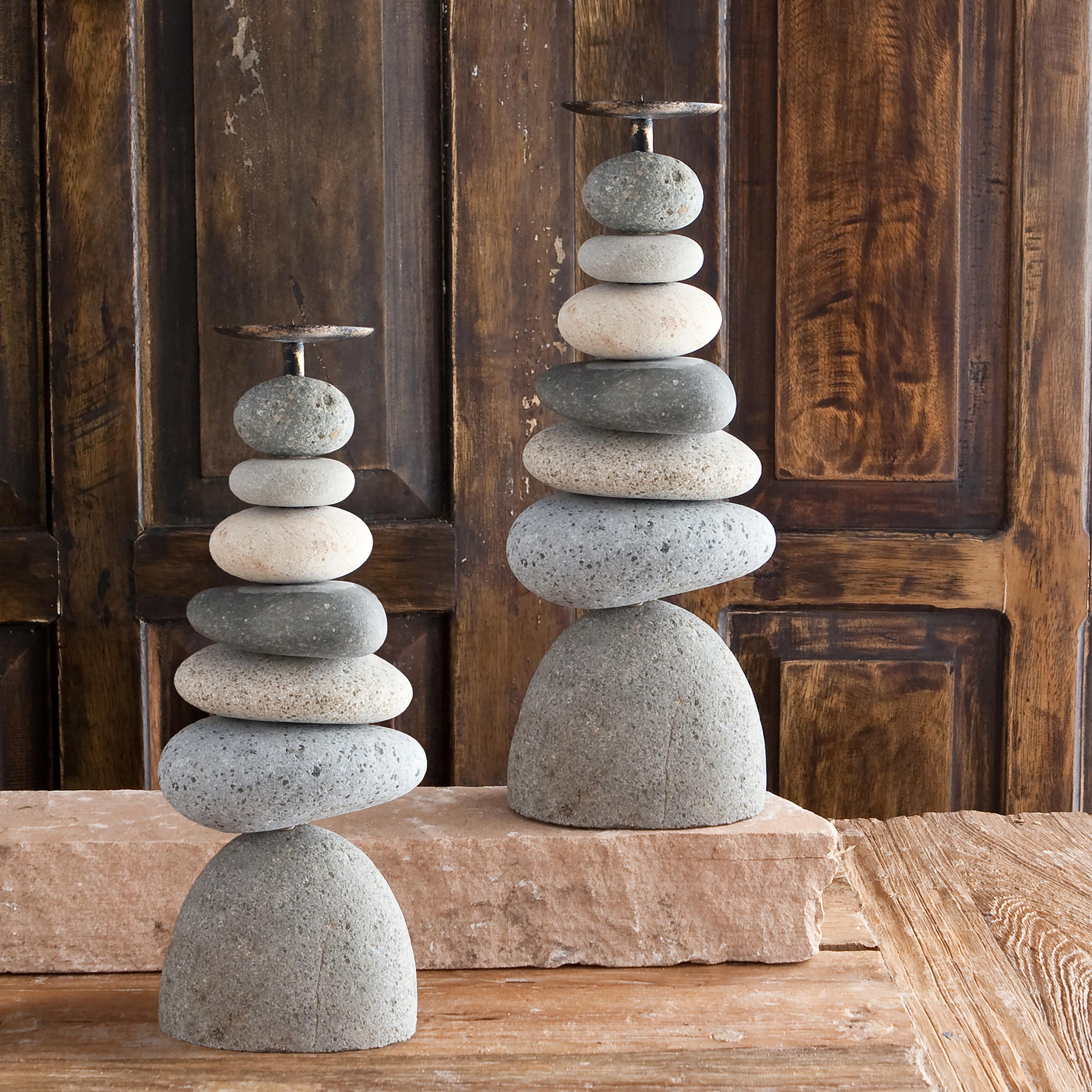 7-Stone Cairn Candle Holders, Set of 2