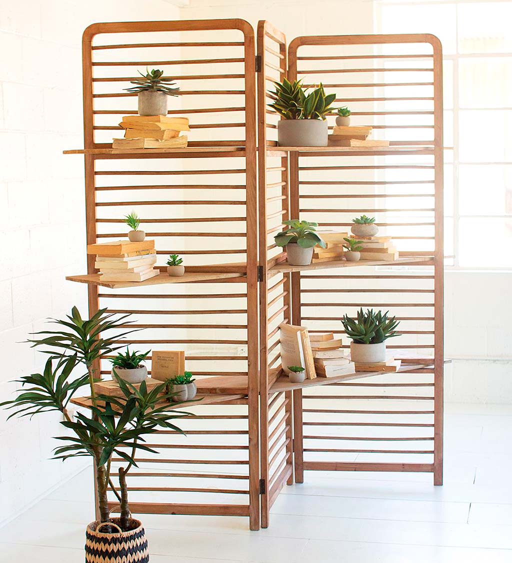 Folding Wood Screen with 3 Shelves