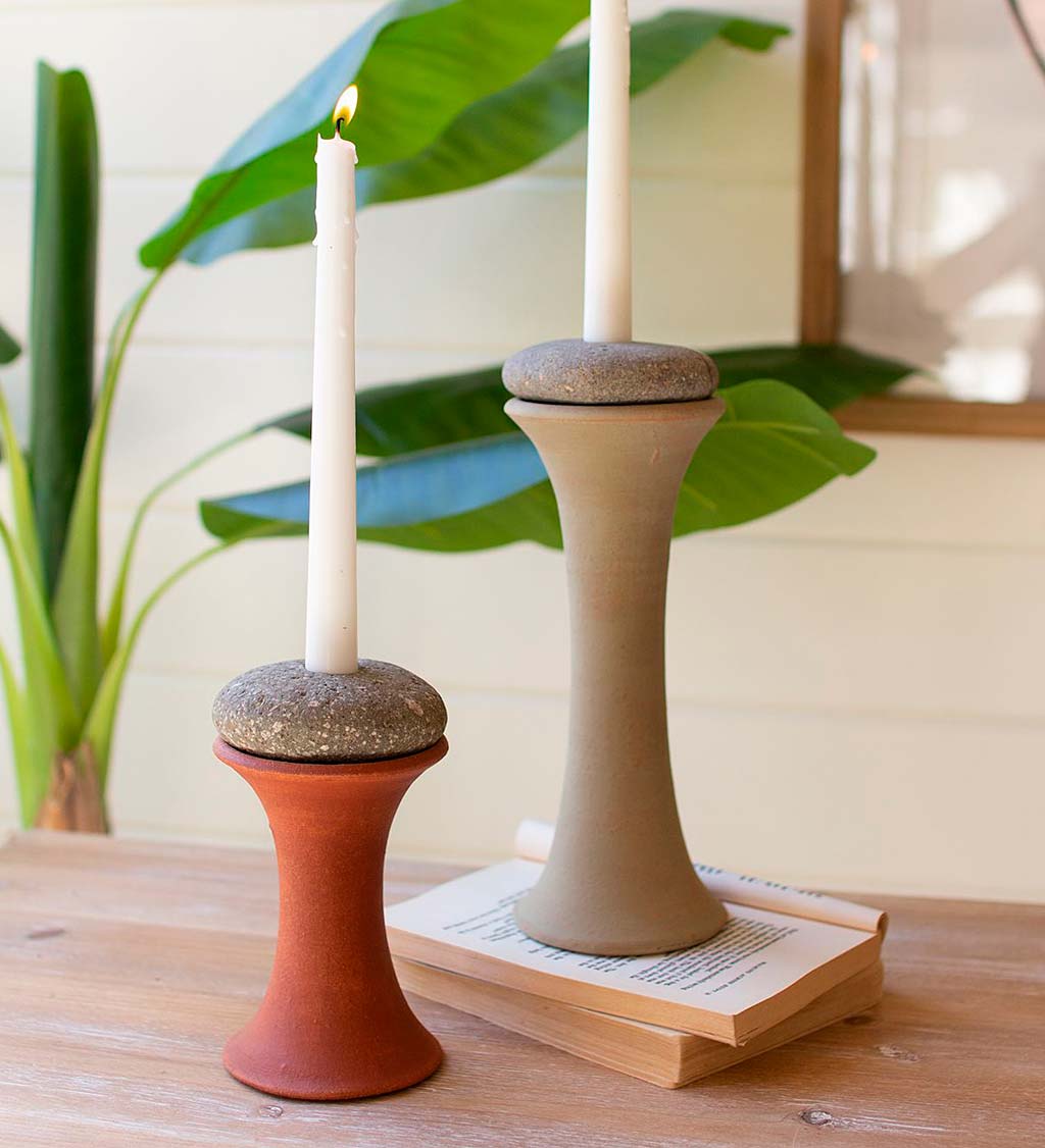 Clay and River Stone Taper Candle Holders, Set of 2
