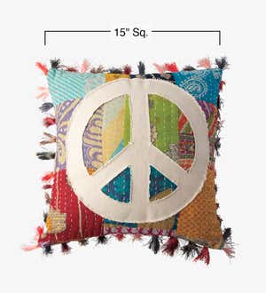 Kantha Fringe Tassel Peace Pillow, 15"Sq.